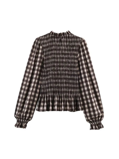 2025 Vintage Chic Brown Plaid Shirts Women Long Sleeve Blouses Fold Fashion Casual Elegant Women Tops Y2k