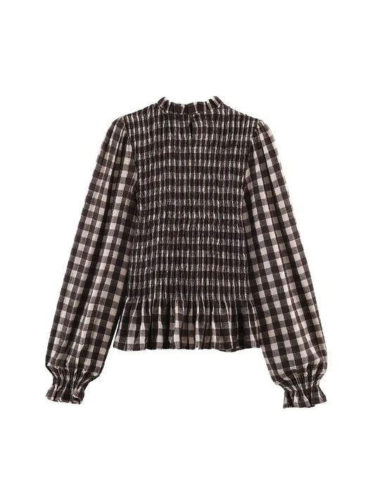 2025 Vintage Chic Brown Plaid Shirts Women Long Sleeve Blouses Fold Fashion Casual Elegant Women Tops Y2k