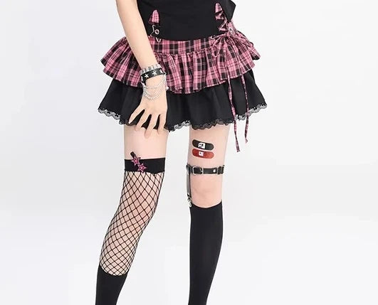 Elegant Plaid Lace-up Sexy Lace Y2k Sweet Subculture Cake Skirt Women Summer New Street A-line High Waist Versatile Punk Skirts