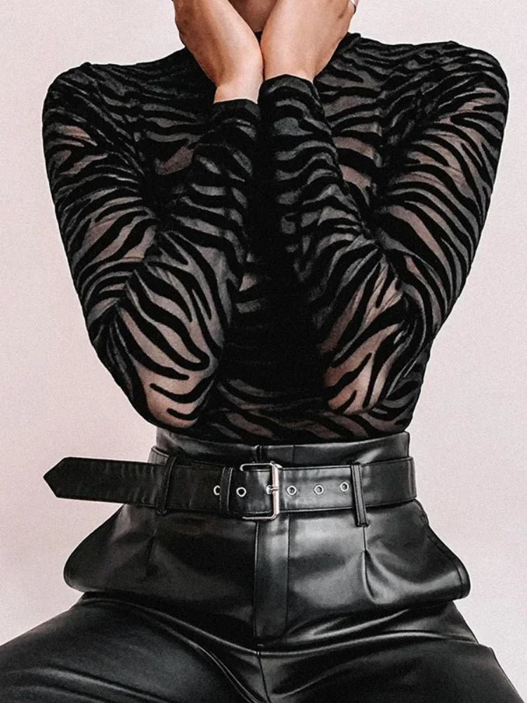 Black Striped Sexy Bodysuit Lingerie See Through Mesh Body Feminino Long Sleeve One-pieces Bustier Turtleneck Corset Tops Women
