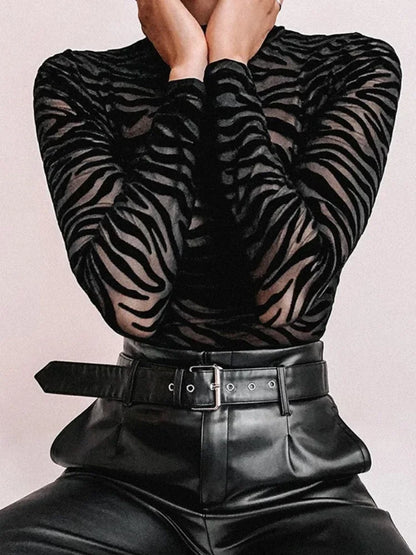 Black Striped Sexy Bodysuit Lingerie See Through Mesh Body Feminino Long Sleeve One-pieces Bustier Turtleneck Corset Tops Women