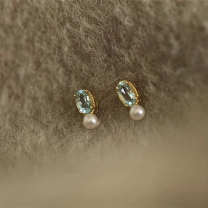 925 Sterling Silver Blue Zircon Pearl Stud Earrings for Women Korean Simple Temperament Jewelry Accessories
