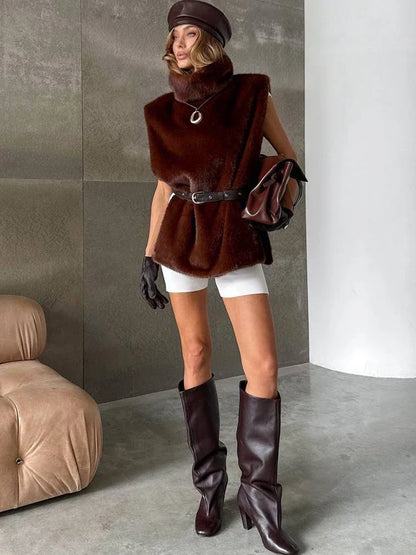 Autumn New Style Tank Tops Woman Furry Patchwork Turtleneck Daily Street Casual Simple Fashion Solid Elegant Clothing