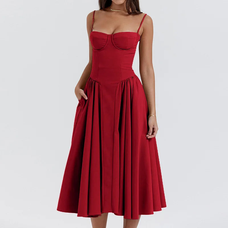 Women Elegant Sleeveless Backless Pleated Dresses Lady Sexy Solid Sling Midi Dress 2024 Female Party Evening A-line Robes