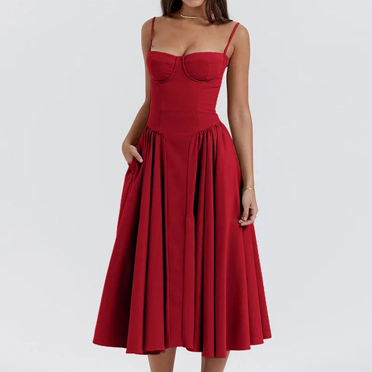 Women Elegant Sleeveless Backless Pleated Dresses Lady Sexy Solid Sling Midi Dress 2024 Female Party Evening A-line Robes