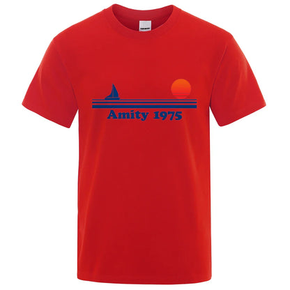 Amity 1975 - Jaws Retro Print Tshirt Men Creativity Sweat Clothing Fashion Tee Clothes T Shirts Breathable Cotton T-Shirts Man