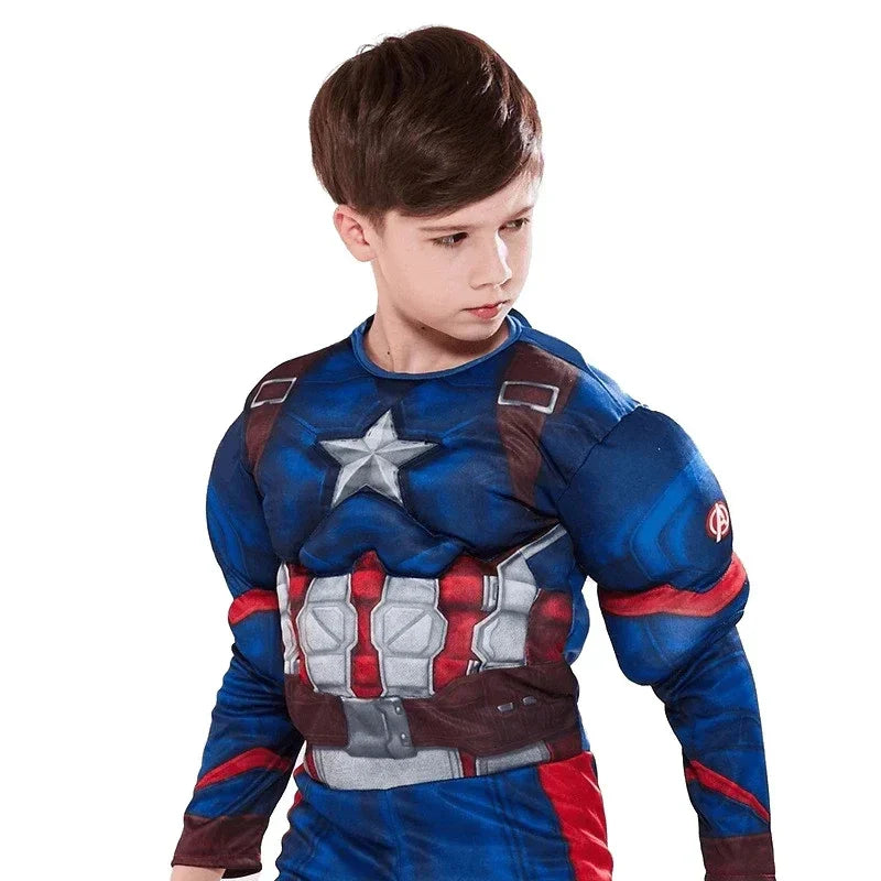 Captain America  Muscle Costume Superhero Captain America Muscle Jumpsuit Shield Cape Outfits Halloween Carnival Costumes