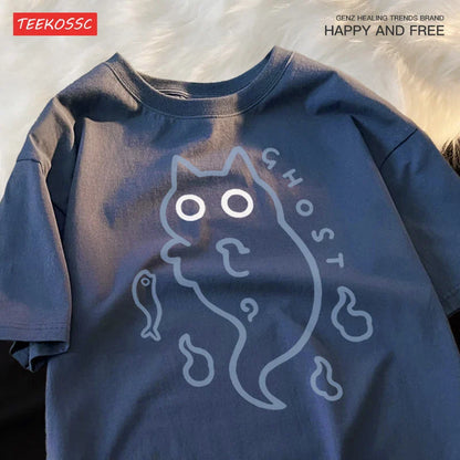 Ghost Cat Loose Short Sleeved T-shirt For Men Women Original Japanese Fashion Brand Couple Pure Cotton Cat Transparent Ghost Cat