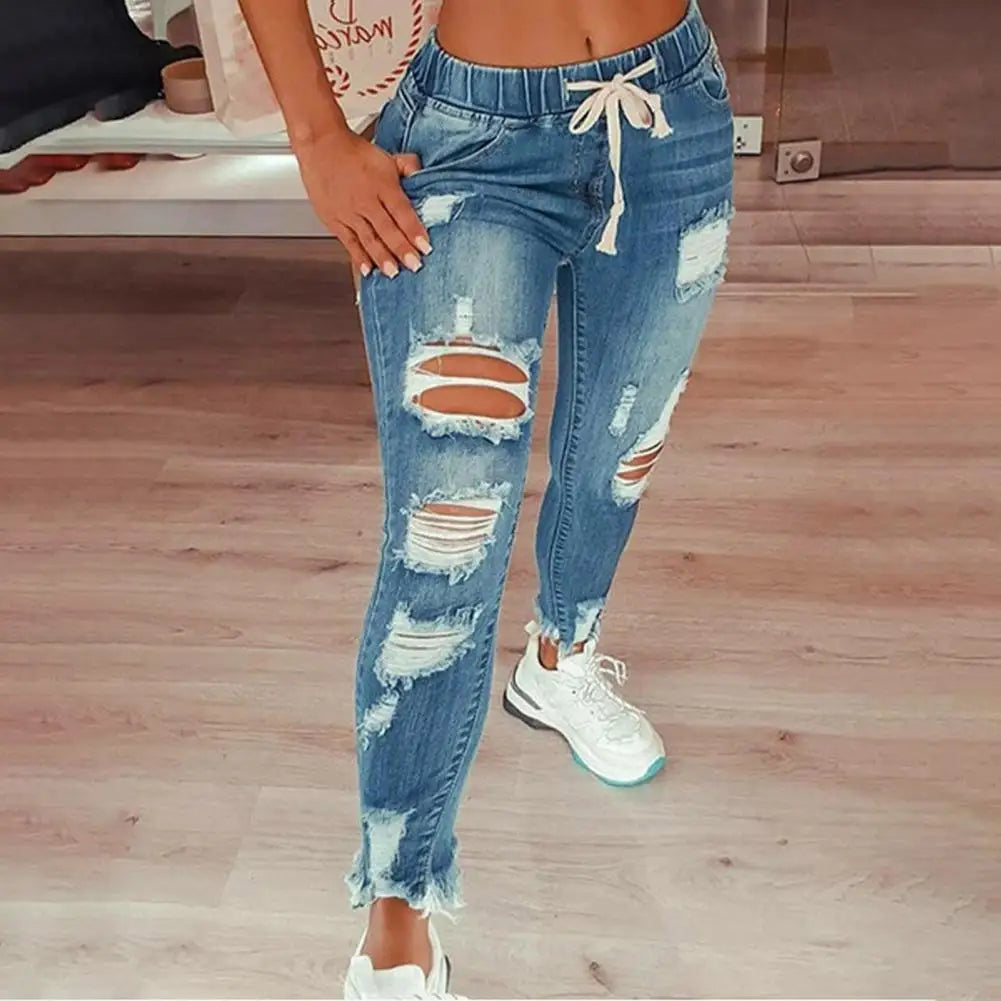 Stretchy Ripped Hole Jeans Women Straight Denim Trousers