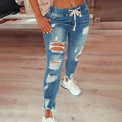 Stretchy Ripped Hole Jeans Women Straight Denim Trousers