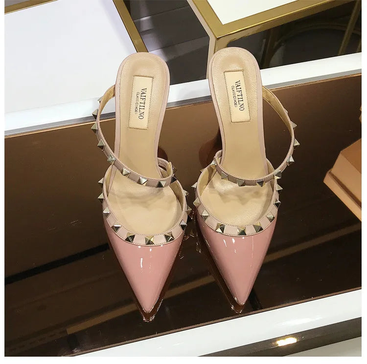 2025 New Genuine Leather Gladiator Pumps Sandals Luxury Metal Rivets Summer Women Outdoor Slippers Black Fashion High Heels 41