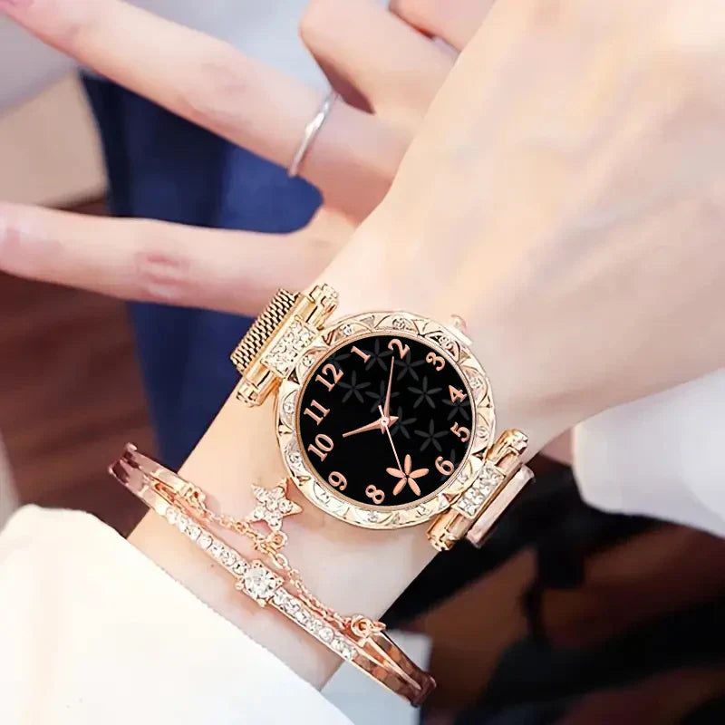 2PCS Fashion Women's Watches Set Magnet Buckle Mesh Strap Analog Quartz Watch Star Bracelet Set Reloj Mujer