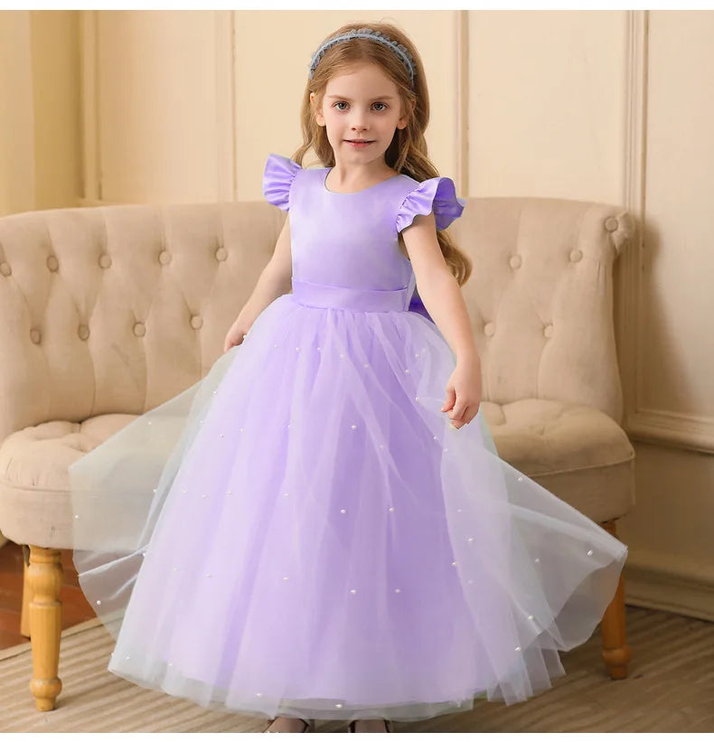 Summer Girl Flower Birthday Tulle Dress Backless Bow Wedding Gown Piano Kids Party Wear Princess Dress Baby Girl Bowknot Dresses