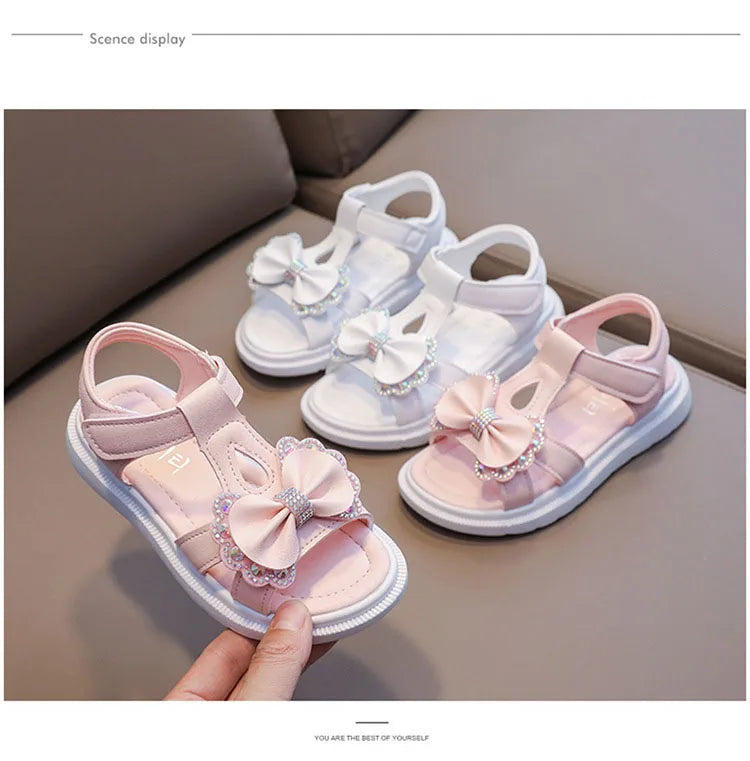Girl Sandal Kid Summer Elegant Bling Rhinestone Party Princess Beach Shoes Cute Bowknot School Shoes for Kids Flat Heel F05201