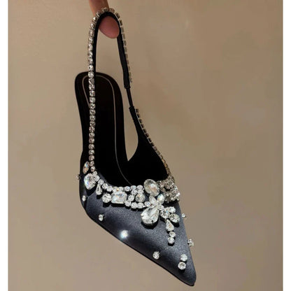Luxury Diamonds Designer High Heels Women Satin Pointy Toe Pumps Rhinestone Sandals Female Shiny Sexy Wedding Dress Party Shoes