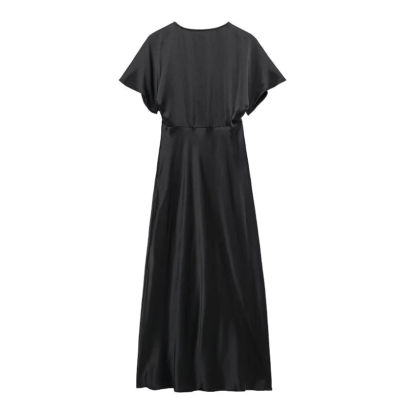 Satin Long Dress Woman Black Draped Midi Dresses for Women Elegant Party Women Dresses Short Sleeve Chic Female Dress