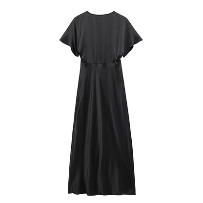 Satin Long Dress Woman Black Draped Midi Dresses for Women Elegant Party Women Dresses Short Sleeve Chic Female Dress
