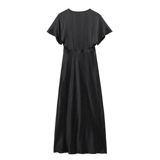 Satin Long Dress Woman Black Draped Midi Dresses for Women Elegant Party Women Dresses Short Sleeve Chic Female Dress