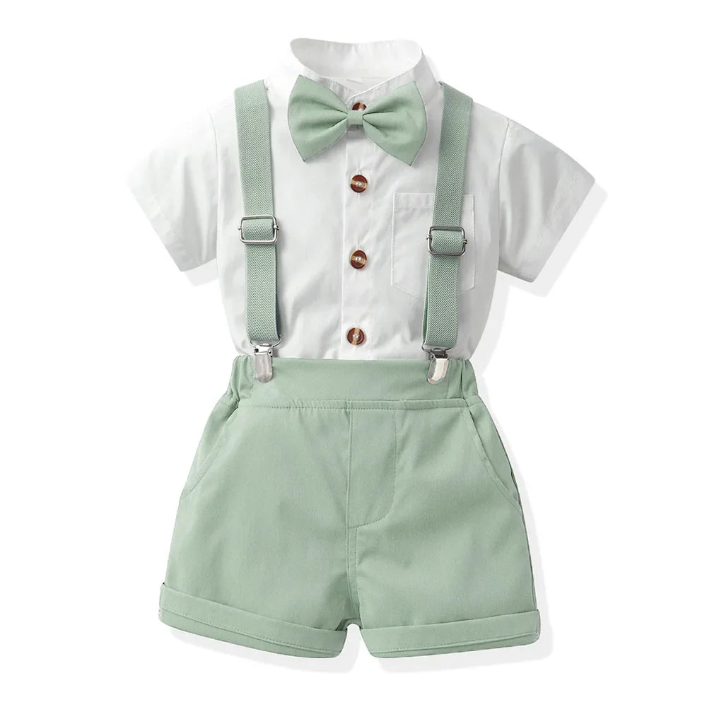 Children Formal Clothing Summer Comfortable Two Piece Set Kid Short Sleeve Shirt Bow Tie Suspenders Shorts Boy Elegant Outfit