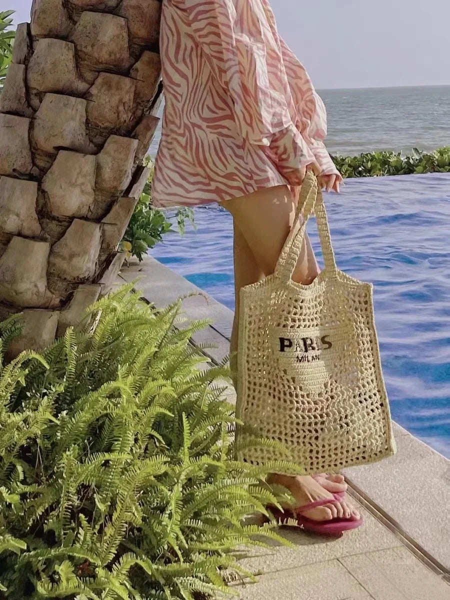 Women's Summer Beach Straw Style Tote Bag Handwoven Large Capacity Luxury Designer Travel Handbags Casual Portable Shoulder Bags