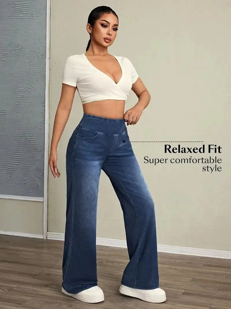 Women's Jeans New Elastic Waist High Stretch Loose Straight-Leg Pants Trendy Comfortable Versatile Cross-Border