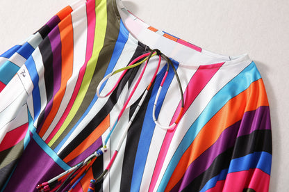 Fashion 2024 Spring Summer New Style Bohemia Casual Dresses O-Neck Batwing Sleeve Striped Printed Irregularity Loose Dress