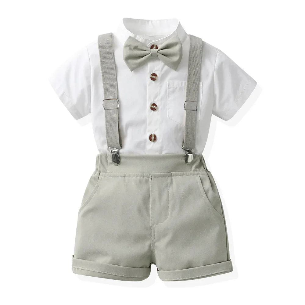 Children Formal Clothing Summer Comfortable Two Piece Set Kid Short Sleeve Shirt Bow Tie Suspenders Shorts Boy Elegant Outfit