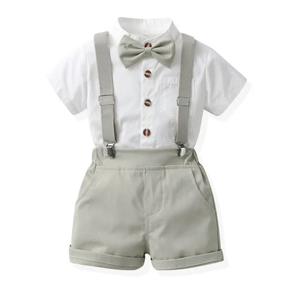 Children Formal Clothing Summer Comfortable Two Piece Set Kid Short Sleeve Shirt Bow Tie Suspenders Shorts Boy Elegant Outfit