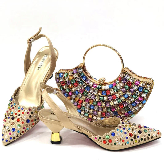 Latest High Heel Gold Color Atmospheric Luxury Pattern With Rhinestones Party Ladies Shoes And Bag Set