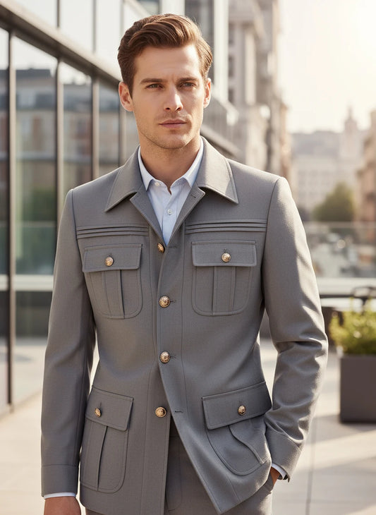 Slim fitting Men's Suit thin version Classic Fit Single Breasted Multiple pockets Solid Color Casual Business