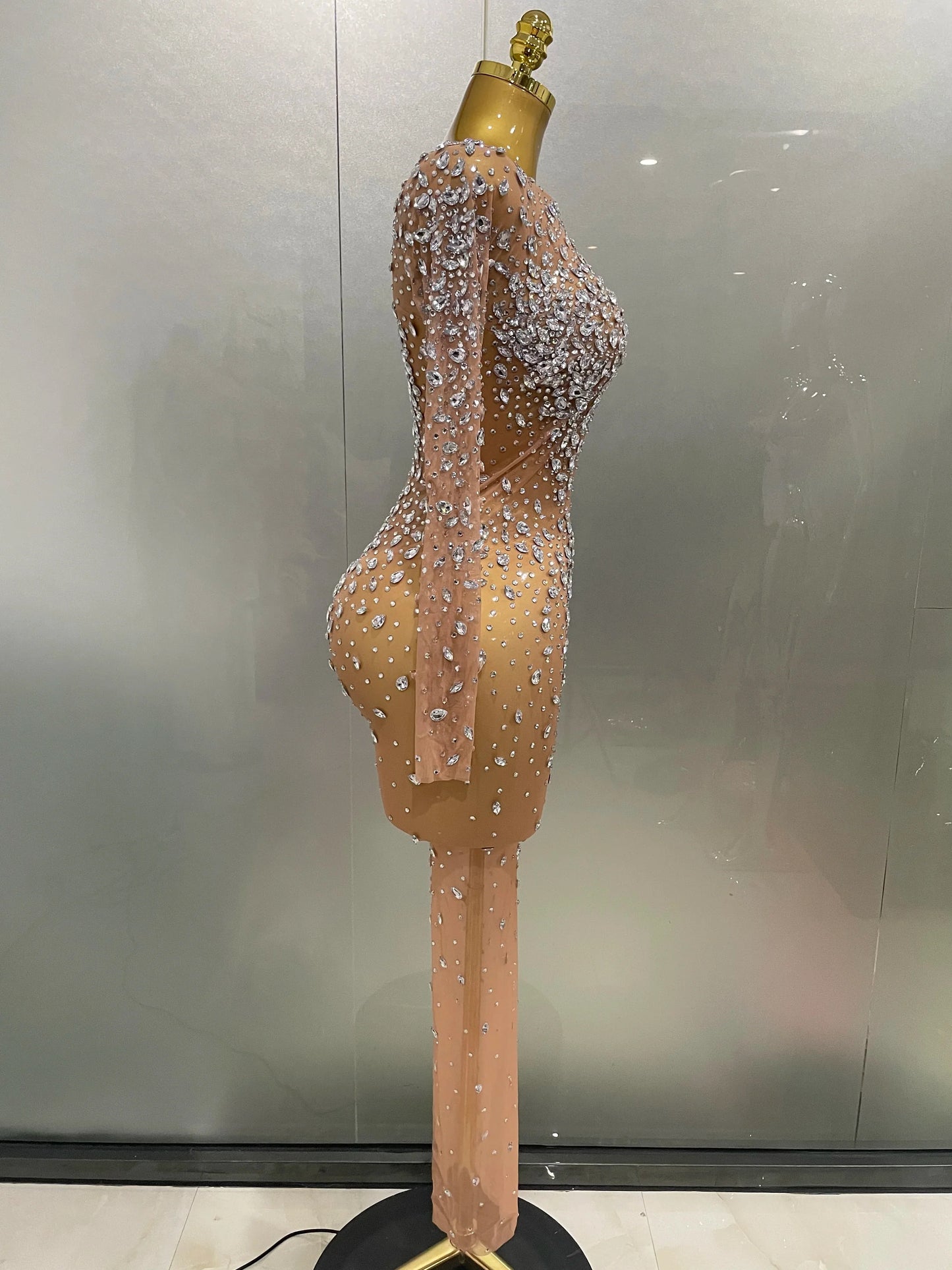 Shinny Rhinestone Stretch Mesh Transparent Long Dress 2025New Women Evening Birthday Party Prom Nightclub Singer Stage Wear