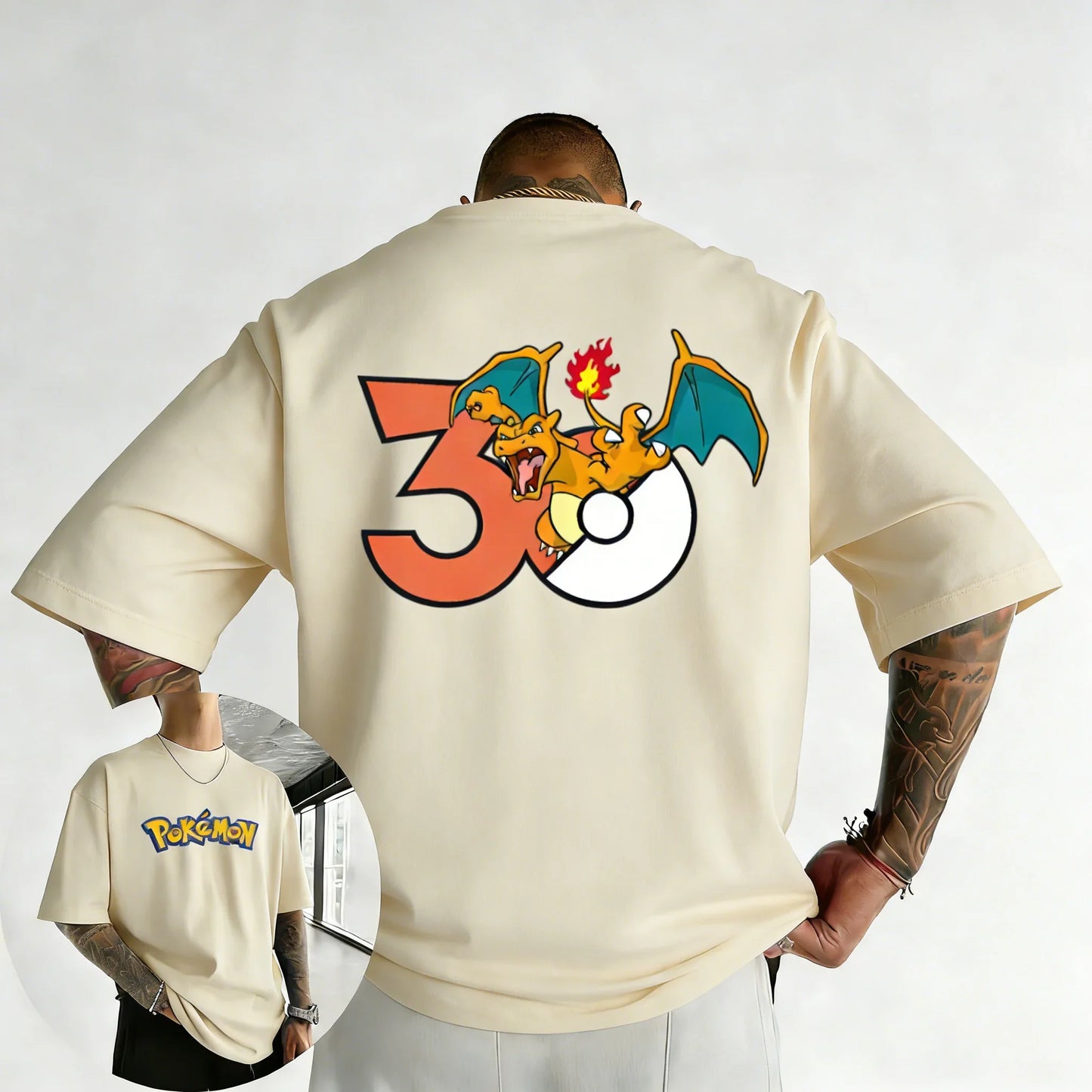 30th Anniversary Charizard Printed T-shirt Summer Men's and Women's Loose Casual Hip Hop Trendy Short Sleeve Top
