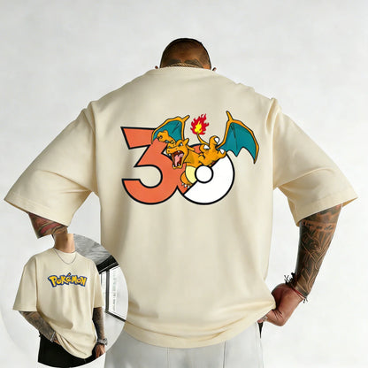 30th Anniversary Charizard Printed T-shirt Summer Men's and Women's Loose Casual Hip Hop Trendy Short Sleeve Top