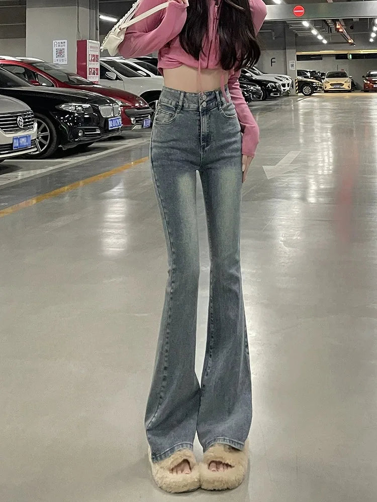 Autumn Winter American Sle High Waist Slim Fit Drapey Micro Flared Jeans Women's Premium Denim Pants