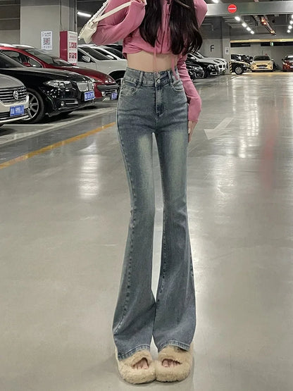 Autumn Winter American Sle High Waist Slim Fit Drapey Micro Flared Jeans Women's Premium Denim Pants