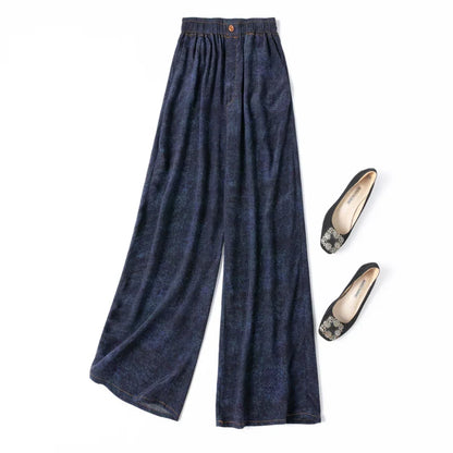 Women Pants 100% Mulberry Silk 16 momme Silk Loose Type Wide Leg Navy Jeans Printed Long Pants Trousers With Pockets L XL M1155