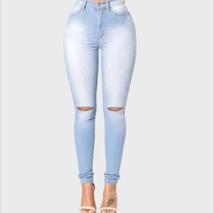 Europa e Estados Unidos Nova Calça Jeans Feminina Rasgada Slim-fit Com Pés Pequenos, Calça Lápis Elástica Nova Primavera E Outono