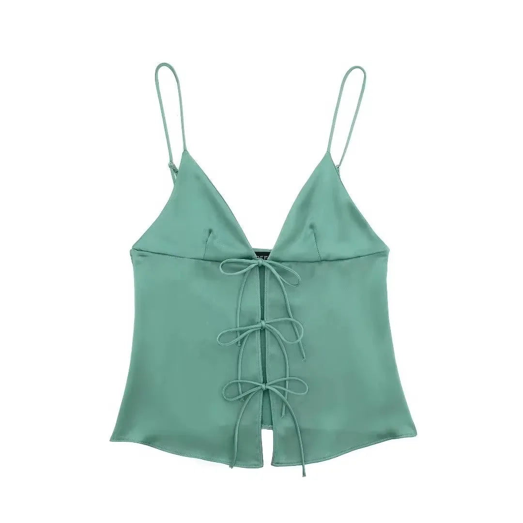 Women Front Bow Tie Top Elegant V Neck Solid Camis Sleeveless Backless Sexy Lady Straps Tanks Y2k Female Slim Crop Tops