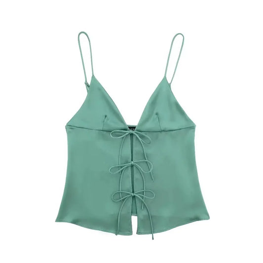 Women Front Bow Tie Top Elegant V Neck Solid Camis Sleeveless Backless Sexy Lady Straps Tanks Y2k Female Slim Crop Tops