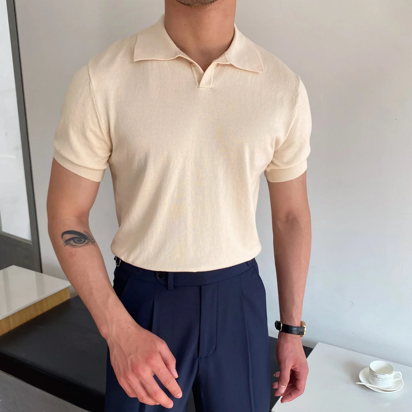 Men's Polo Shirt Elbow-Sleeved T-shirt Fashion Polo Collar Slim-Fit Men Clothing Woolen Sports Polo Tee Shirt Man Golf Shirt EUR