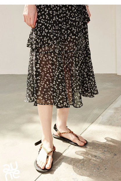 Women Chiffon Skirt 2026 Spring New Country Style Light and Flowing Floral Print Layered Ruffled Skirt