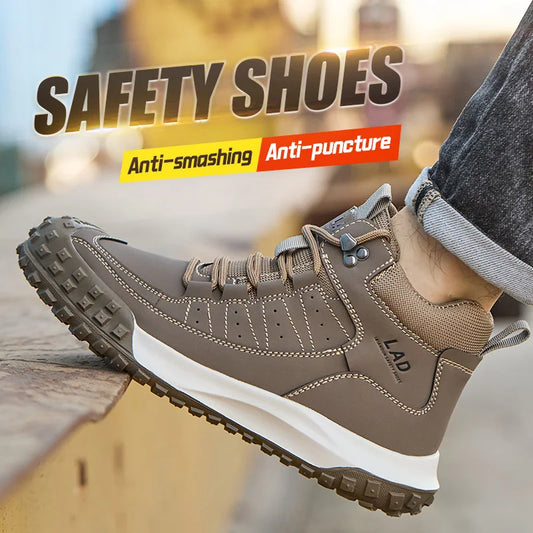Men's four season work shoes with high top, comfortable soft sole, anti smashing steel toe safety shoes