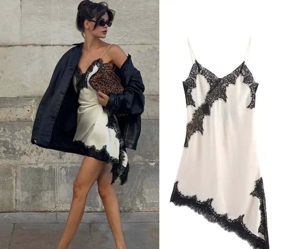 Lady Elegant Lace Halter Y2K Dress Satin Asymmetrical Mini Dress 2025 Summer Fall High Street Party Hot-Sexy Women Dress