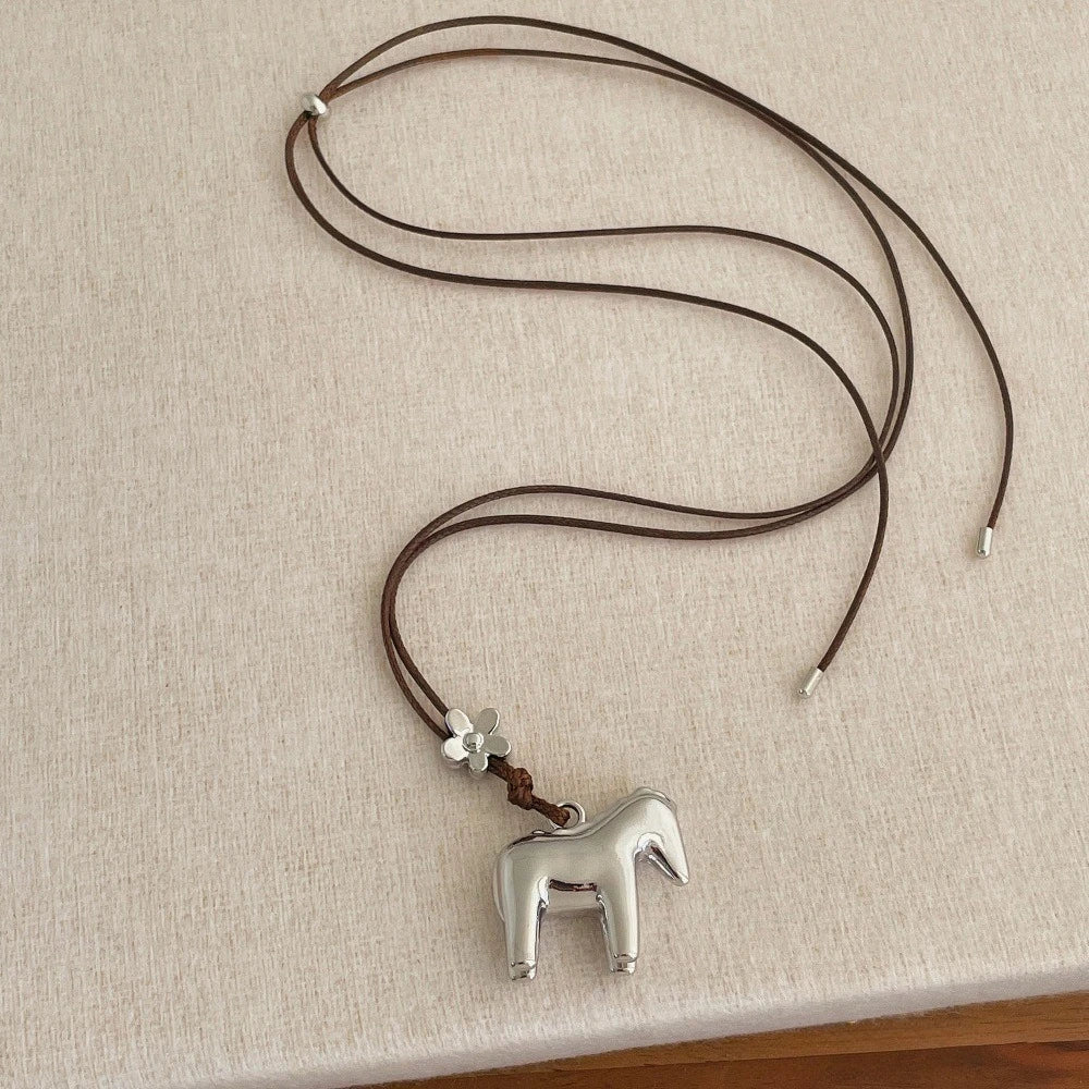 Minar Funny Metallic Cartoon Horse Multi Tassel Beads Pendant Necklaces for Women Female Adjustable Long Wax Rope Chain Chokers