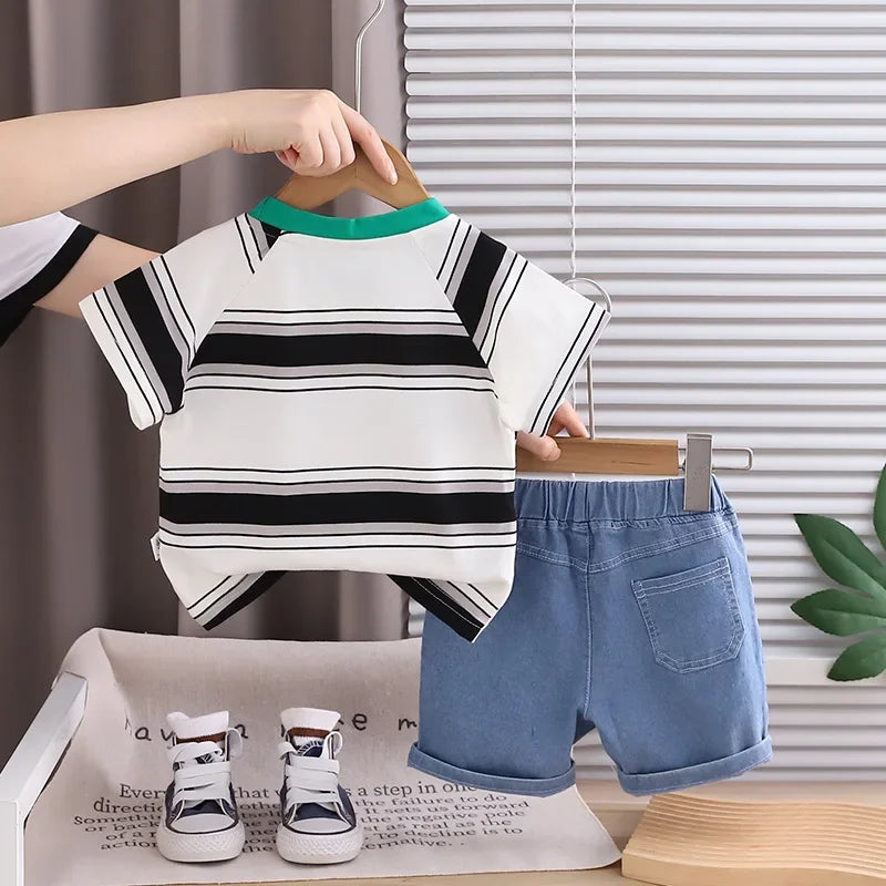 2026 Adorable Children Clothing Outfit Kids Boys Sets Summer 1-5Y Baby Boys Cotton Striped Shark Print T-Shirt and Denim Shorts