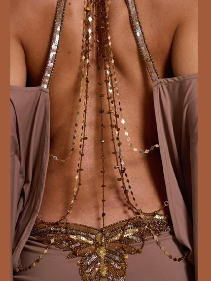 Sexy Gold Chain Decoration Back Hollow Dress Elegant Lantern Sleeve O-neck Mini Robe New Trendy Music Festival Party Outfits