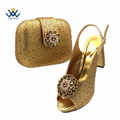 Special Design Women Crystal Style African Ladies Party Shoes Matching Bag in Magenta Color