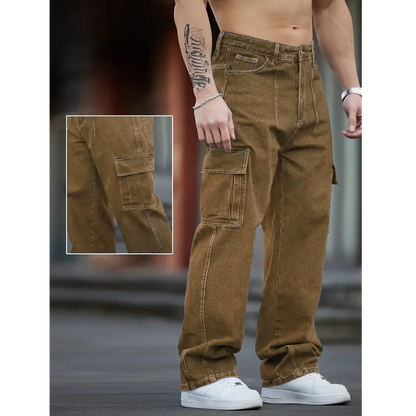 Men's Deep Blue Washed Denim Workwear Jeans Casual Multiple Pockets Design Loose Wide Leg Trousers Y2K Style Cargo Pants