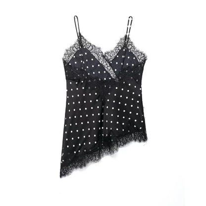 Women 2026 Trend Polka Dot Sling Tops Asymmetric Sleeveless V-Neck Lace Decorative Tops Elegant Fashion Holiday Outfits Camis
