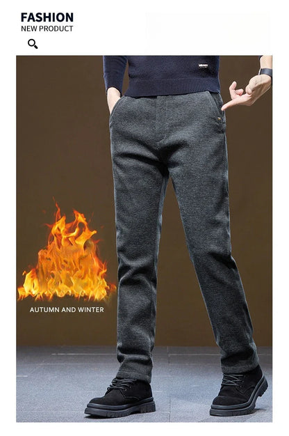 Men's Winter Casual Pants Thick Fleece Warm Elastic Waist Straight Slim Trousers Light Business Comfort Daily Wear Thermal Pants